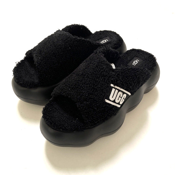 UGG Sugarcloud Black Platform Slide Sandals Size 9 NWOB Terry Logo Style 1138178 - Picture 3 of 10